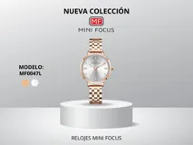 Reloj Mini Focus para mujer, modelo MF0047L, con caja de aleación de zinc color oro rosa y malla metálica del mismo color. Resistente al agua hasta 30 metros.