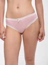 Colaless color rosa con ribetes de encaje blanco y moño decorativo.