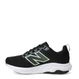 Championes de running New Balance modelo 460, color negro con detalles en verde claro y celeste. Presentan una capellada de malla transpirable, cierre con cordones y una entresuela blanca de amortiguación.
