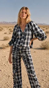 Pantalón de corte recto con estampado a cuadros, confeccionado con apliques laterales en forma de tablas y detalles de cordones cruzados que aportan textura y movimiento.