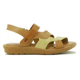 Sandalias de cuero en tonos marrones y coral, con diseño de múltiples tiras en el empeine y tira ajustable en el talón.