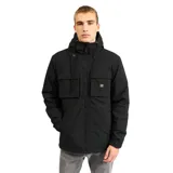 Campera de microfibra negra con relleno de guata y forro interior polar. Presenta cierre frontal completo, capucha ajustable con cordones, dos bolsillos frontales con solapa y corte estilo parka hasta la cadera. Cuenta con recubrimiento resistente al agua y al viento.