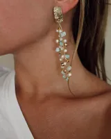 Aros colgantes largos con base dorada y cascada de cuentas de cristal en tonos turquesa, blanco y dorado.