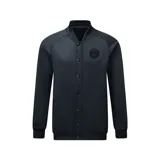 Campera tipo varsity del Paris Saint Germain, color azul marino con detalles en negro. Presenta el escudo del equipo en el pecho y cierre con botones a presión.