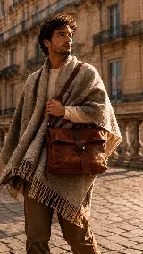 Bolso tipo bandolera de cuero color marrón, con diseño de solapa plegable y detalle de tira central en cuero más oscuro con logo grabado. Presenta una correa larga ajustable y una silueta amplia y versátil.