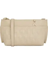 Cartera bandolera color beige con diseño acolchado de rombos y correa ajustable. Cuenta con el logo de Tommy Hilfiger en la parte delantera.