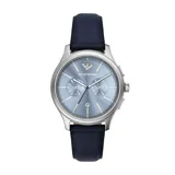 Reloj analógico Emporio Armani modelo Dario con caja de acero inoxidable, esfera azul con acabado sunray, subesferas de cronógrafo, fechador y correa de cuero azul.
