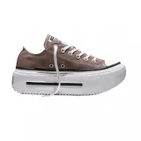 Championes Converse modelo Chuck Double Stack, color marrón topo, con diseño de plataforma alta y suela dentada. Cuentan con cordones blancos, ojales metálicos y puntera de goma blanca.