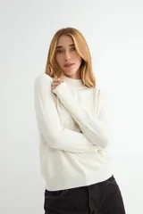Polera de punto color beige, con cuello alto y mangas largas, de diseño básico y ajuste clásico.