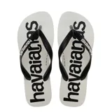 Sandalias tipo ojotas Havaianas modelo Top Logomania, con base negra y suela lateral azul. Presentan el logo de la marca estampado en gran tamaño sobre la plantilla y en relieve sobre las tiras negras.