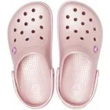 Zuecos Crocs modelo Crocband™ en color lila claro con plataforma blanca y una línea decorativa morada. Presentan el diseño clásico con orificios de ventilación y tira trasera ajustable.