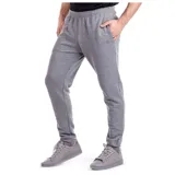 Pantalón de jogging gris con cintura elástica y cordón de ajuste, bolsillos laterales y puños en los tobillos.