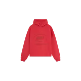 Hoodie oversize Eme Studios de color rojo, con capucha y estampa frontal del logo de la marca en tono oscuro.