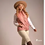 Chaleco beige capitoneado con cierre frontal y cuello de pana marrón.