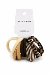 Pack de diez coleros elásticos para el cabello en tonos neutros y estampados, incluyendo colores beige, marrón, blanco y diseño animal print.