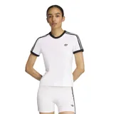 Remera Adidas de mujer, modelo 3S Tee Slim, color blanco con cuello redondo y ribetes en mangas en negro. Presenta las tres tiras características de Adidas en los hombros y el logo del trébol bordado en el pecho.