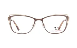 Armazón de anteojos de metal color chocolate con doble línea dorada en el borde superior. Patillas con estampado carey.