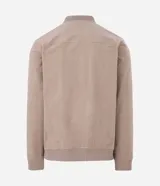 Campera bomber masculina de terciopelo cotelé color beige, con cuello redondo, mangas largas, cierre frontal de botones forrados, bolsillos laterales y terminaciones de elástico en puños y cintura.