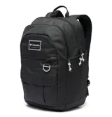 Mochila Columbia modelo Buxton de 26 litros, color negro, con múltiples compartimentos, funda para portátil y detalles funcionales.
