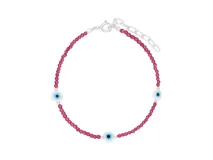 Pulsera de plata 925 con cuentas de cristal color rojo y tres dijes de ojo turco.
