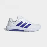 Championes de entrenamiento Adidas Dropset Base, color blanco con las icónicas tres tiras y detalles en violeta.
