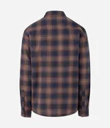 Camisa de franela a cuadros en tonos marrón y azul marino, de corte comfort con mangas largas, cuello inglés, cierre frontal con botones y dos bolsillos con solapa en el pecho.