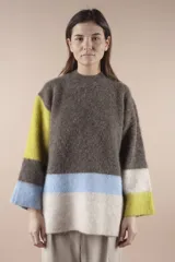 Sweater de lana multicolor con cuello redondo y mangas largas. Diseño con bloques de color en marrón, amarillo, celeste y blanco.