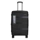 Valija rígida Discovery de 20 pulgadas, color negro, con diseño de líneas diagonales en relieve. Cuenta con fuelle extensor de capacidad, ruedas 360° y candado incorporado.