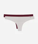 Kit de dos bombachas tipo bikini hilo, una blanca y una bordó, confeccionadas en microfibra. Tienen un calce cavado, laterales finos y sin costuras visibles. La parte de atrás tiene una cobertura reducida.
