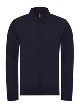 Sweater de punto color azul marino, con cierre frontal completo y cuello alto. Confeccionado en una mezcla de cachemira y seda, presenta un diseño de calce regular con mangas largas.
