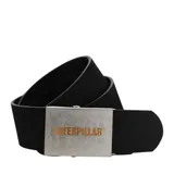 Cinturón negro con hebilla metálica plateada con el logo de Caterpillar en relieve.