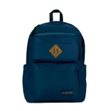 Mochila Jansport Double Break azul con logo bordado.
