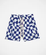 Short de baño con estampado de cuadros azules y blancos, cintura elástica ajustable con cordón de algodón, secado ultrarrápido, bolsillos laterales y traseros. No incluye rejilla interior.