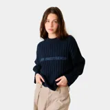 Sweater de punto acanalado color azul marino, de corte oversize, con cuello redondo y el logotipo de Eme Studios bordado en el pecho en tono azul más claro.