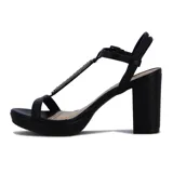 Sandalia negra de tacón alto con plataforma, tira delantera y pulsera al tobillo. La tira central está adornada con apliques brillantes.