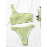 Bikini de dos piezas con textura acanalada, color amarillo. El top es de diseño asimétrico de un solo hombro y la parte inferior es de corte vedetina.