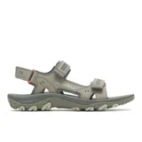 Sandalias de senderismo Merrell Huntington Sport para hombre, color gris con detalles en naranja. Confeccionadas en material sintético resistente al agua, con sistema de ajuste de velcro en la parte superior y trasera. Suela de goma con tecnología Merrell Air Cushion para mayor amortiguación y estabilidad.
