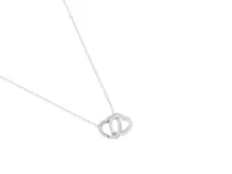 Collar de acero plateado con dije de dos corazones entrelazados.