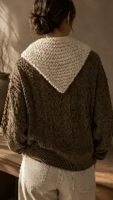 Bandana tejida artesanalmente en lana merino, con diseño de punto grueso y textura suave. Es un accesorio versátil y térmico, ideal para usar como abrigo ligero en el cuello.