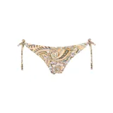 Calzón de bikini con estampado paisley en tonos amarillo, verde y celeste. Se ata con lazos a los costados.