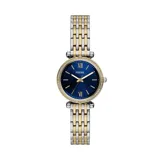 Reloj Fossil para mujer, modelo Carlie, con caja de acero inoxidable combinada en plateado y dorado, esfera azul con acabado sunray, bisel con strass y malla de acero inoxidable bicolor. Resistencia al agua de 50m.