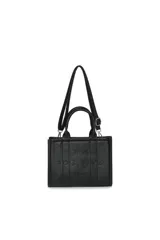 Cartera tipo tote bag color negro, con doble asa corta y correa larga extraíble. Estampado frontal con la frase "Think Positive Trendy".