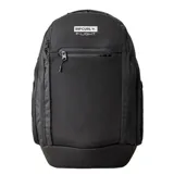 Mochila Rip Curl modelo F-Light Searcher 45L, color negro, con panel frontal moldeado en EVA, compartimento acolchado para laptop, bolsillo forrado para gafas y bolsillo aislado para bebidas.