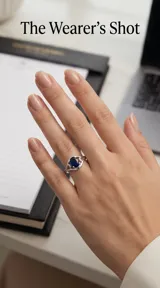 Anillo de plata 925 con diseño solitario que presenta un cristal ovalado en color azul zafiro, engastado en una estructura metálica con detalles calados.