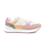 Championes Hi-Tec Koby Lady de estilo deportivo casual, con capellada en tonos rosa, beige y blanco, detalles en verde y suela blanca con base marrón.