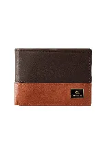 Billetera de cuero sintético bicolor en tonos marrón oscuro y tostado, con diseño horizontal y placa metálica con el logo de la marca en el frente.