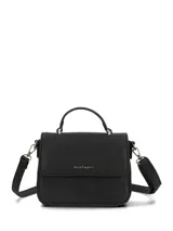 Cartera tipo bandolera de color negro, con solapa frontal, asa superior fija y correa larga ajustable y extraíble. Presenta el logo de la marca grabado en letras doradas en la parte frontal.