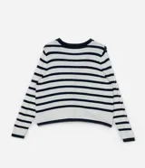 Cárdigan de punto ligero a rayas horizontales azul marino y blanco, con cuello en V y cierre frontal con botones.