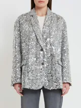 Blazer plateado con lentejuelas, de corte clásico, con solapas de muesca, cierre con dos botones y bolsillos delanteros con solapa.