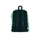 Mochila Jansport color verde agua, con un compartimento principal, bolsillo frontal con organizador, bolsillo lateral para botella de agua, panel trasero acolchado y correas acolchadas.